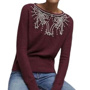 Anthropologie FIELD FLOWER Pearl Beaded Bow Embellished Sweater S